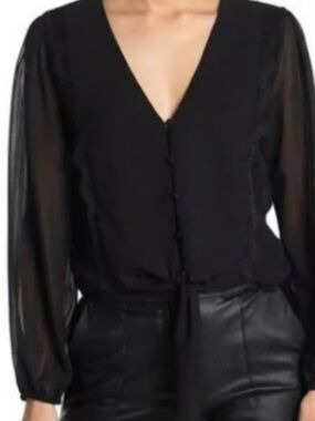 Wayf Black V-Neck Tie-Front Blouse with Sheer Sleeves